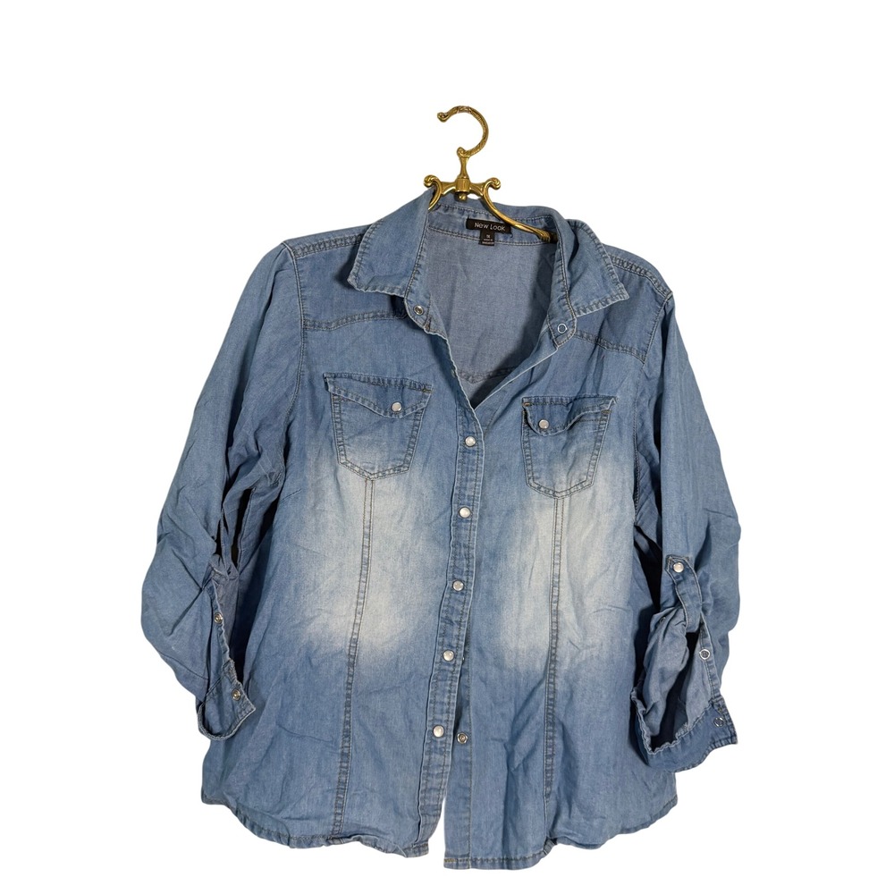 New Look Womens 1X Light Wash Denim Chambray Snap Front Roll Tab Sleeve Shirt